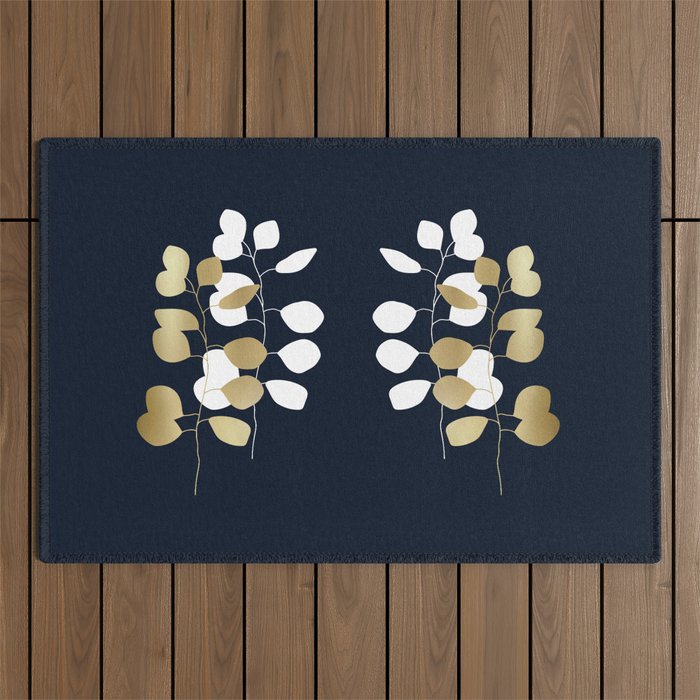 Leaf Duo, Gold and White on Navy Blue Outdoor Rug Gallery Image 1