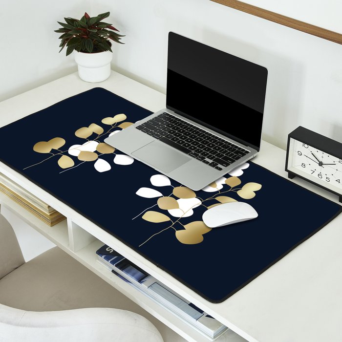 Leaf Duo, Gold and White on Navy Blue Desk Mat Gallery Image 2