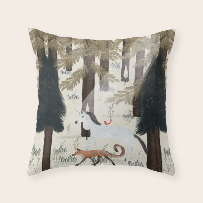 the fox and unicorn Throw Pillow Gallery Image 1