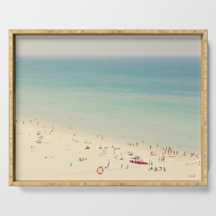 Aerial Crowded Beach - Pastel Beach - Ocean Print - Sea Travel photography Serving Tray Gallery Image 1