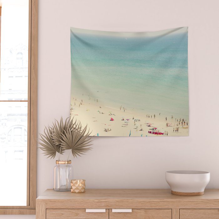 Aerial Crowded Beach - Pastel Beach - Ocean Print - Sea Travel photography Wall Tapestry Gallery Image 2