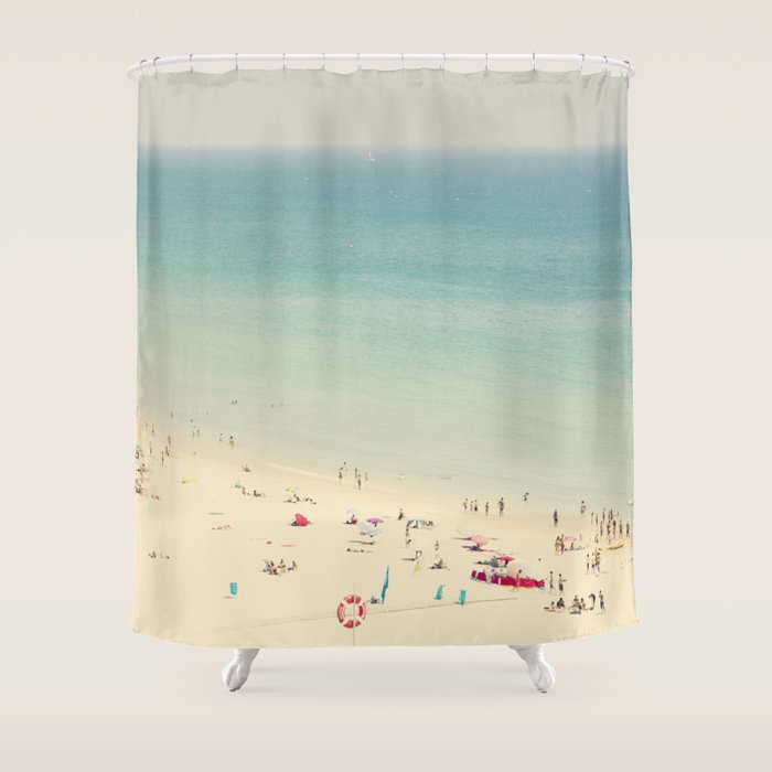Aerial Crowded Beach - Pastel Beach - Ocean Print - Sea Travel photography Shower Curtain Gallery Image 1