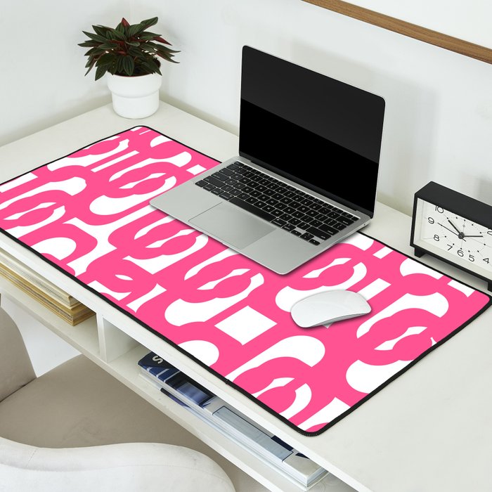 Midcentury Modern Loops Pattern Hot Pink and White Desk Mat Gallery Image 2