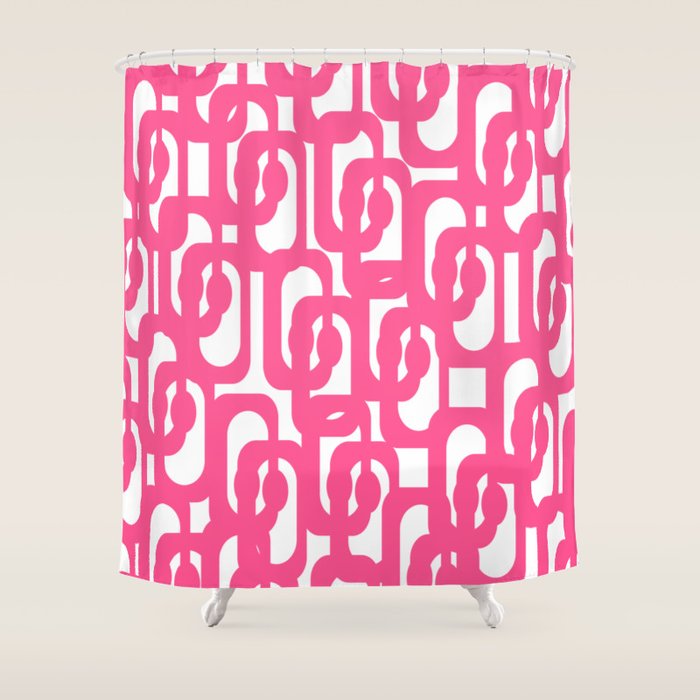 Midcentury Modern Loops Pattern Hot Pink and White Shower Curtain Gallery Image 1