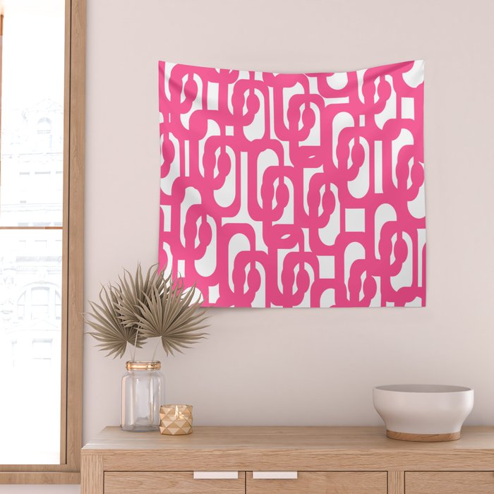 Midcentury Modern Loops Pattern Hot Pink and White Wall Tapestry Gallery Image 2