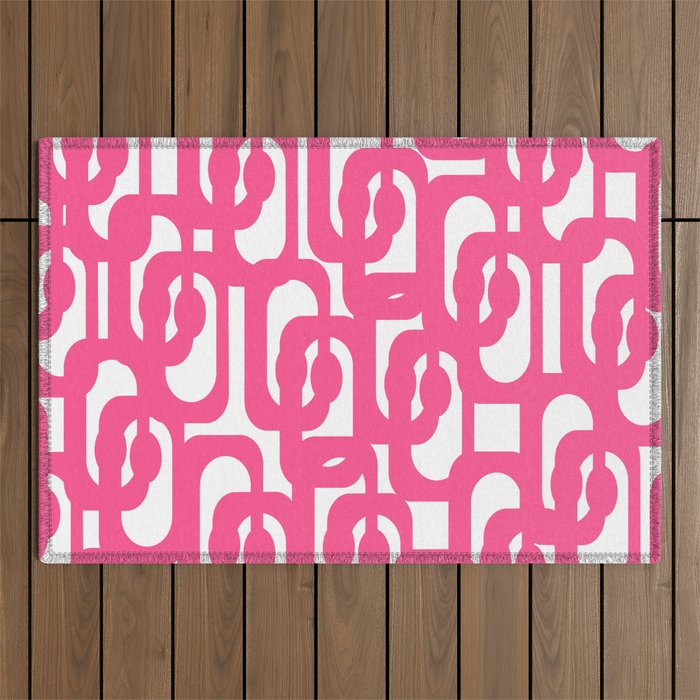 Midcentury Modern Loops Pattern Hot Pink and White Outdoor Rug Gallery Image 1