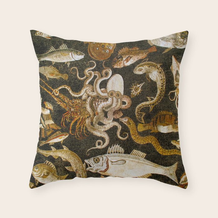 Pompeii Mosaic Ocean Creatures  Throw Pillow Gallery Image 1