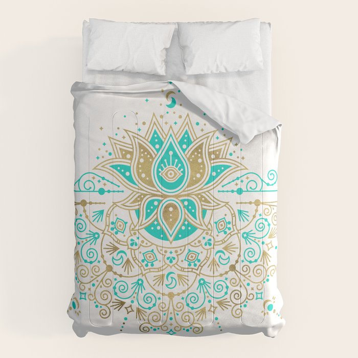 Sacred Lotus Mandala - Turquoise & Gold Palette Comforter Gallery Image 6