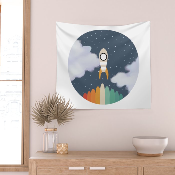 Space Rocket Print, Galaxy Outer Space Pattern Wall Tapestry Gallery Image 2