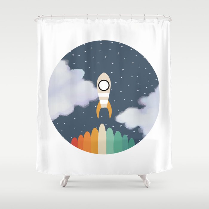 Space Rocket Print, Galaxy Outer Space Pattern Shower Curtain Gallery Image 1