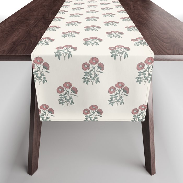Vintage Sketched Block Print Floral - Green Raspberry Table Runner Gallery Image 1