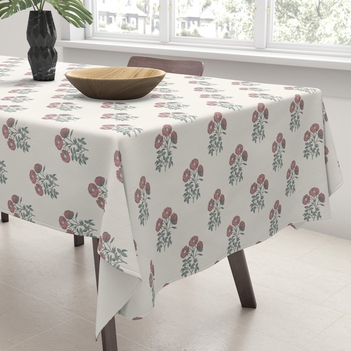 Vintage Sketched Block Print Floral - Green Raspberry Tablecloth Gallery Image 3