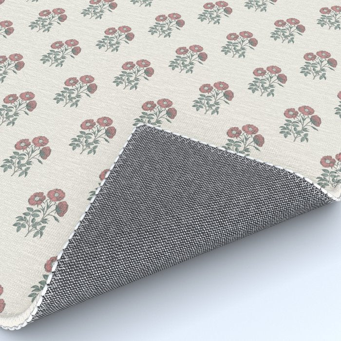 Vintage Sketched Block Print Floral - Green Raspberry Rug Gallery Image 4