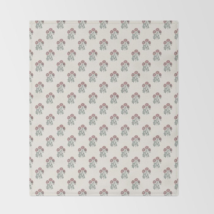 Vintage Sketched Block Print Floral - Green Raspberry Throw Blanket Gallery Image 2