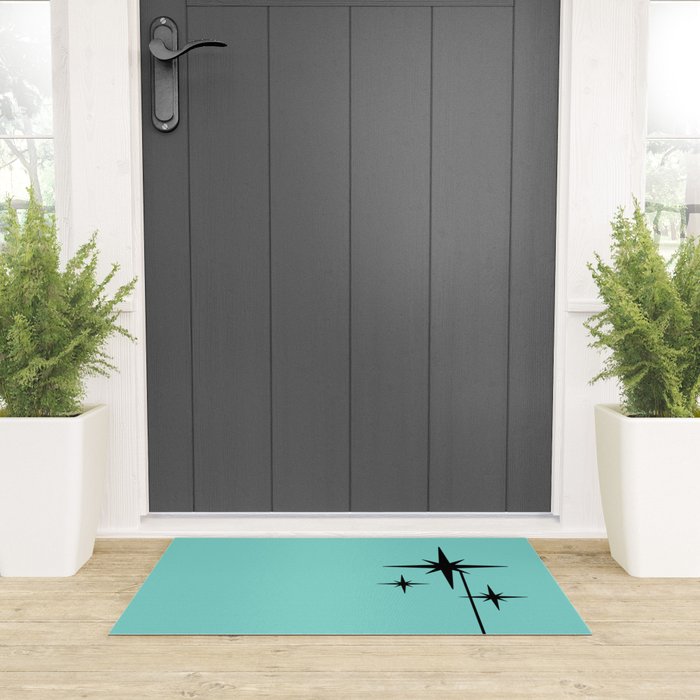 Mid Century Modern Atomic 50s Starburst Trio in Light Medium Robin's Egg Blue and Black Welcome Mat Gallery Image 3
