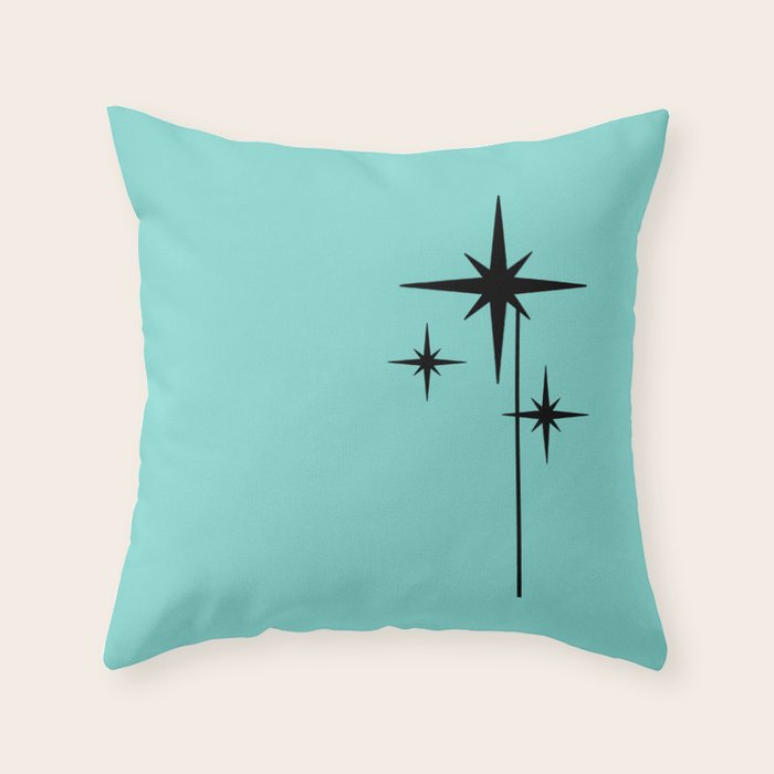 Mid Century Modern Atomic 50s Starburst Trio in Light Medium Robin's Egg Blue and Black Throw Pillow Gallery Image 6