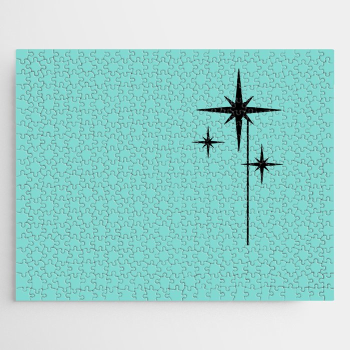Mid Century Modern Atomic 50s Starburst Trio in Light Medium Robin's Egg Blue and Black Jigsaw Puzzle Gallery Image 1