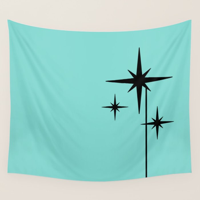 Mid Century Modern Atomic 50s Starburst Trio in Light Medium Robin's Egg Blue and Black Wall Tapestry Gallery Image 1