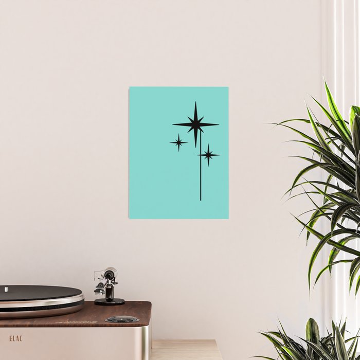 Mid Century Modern Atomic 50s Starburst Trio in Light Medium Robin's Egg Blue and Black Poster Gallery Image 2