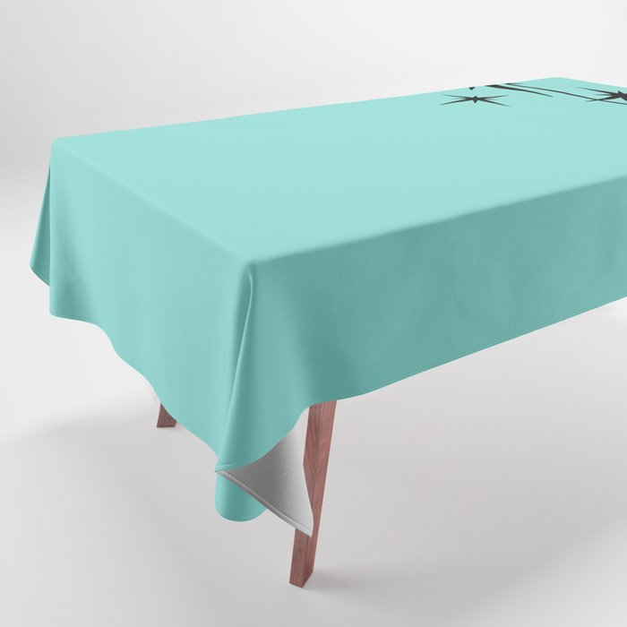 Mid Century Modern Atomic 50s Starburst Trio in Light Medium Robin's Egg Blue and Black Tablecloth Gallery Image 1