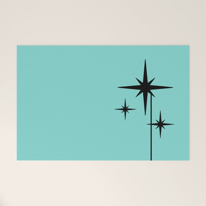 Mid Century Modern Atomic 50s Starburst Trio in Light Medium Robin's Egg Blue and Black Welcome Mat Gallery Image 1