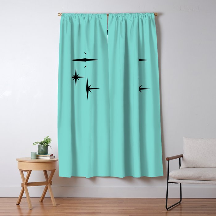 Mid Century Modern Atomic 50s Starburst Trio in Light Medium Robin's Egg Blue and Black Window Curtain Gallery Image 5