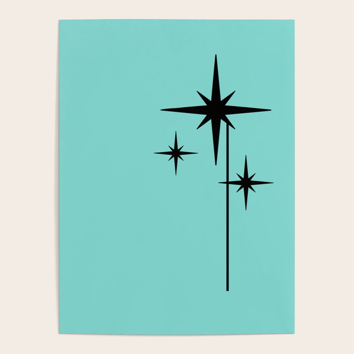 Mid Century Modern Atomic 50s Starburst Trio in Light Medium Robin's Egg Blue and Black Poster Gallery Image 1