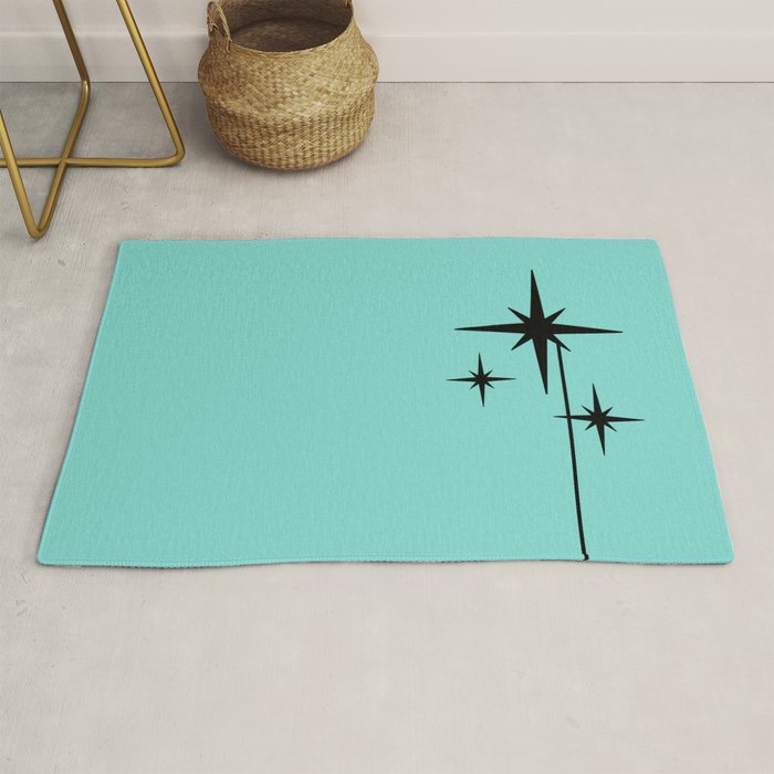 Mid Century Modern Atomic 50s Starburst Trio in Light Medium Robin's Egg Blue and Black Rug Gallery Image 1