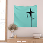 Mid Century Modern Atomic 50s Starburst Trio in Light Medium Robin's Egg Blue and Black Wall Tapestry Gallery Image 2