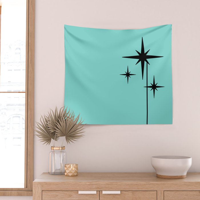 Mid Century Modern Atomic 50s Starburst Trio in Light Medium Robin's Egg Blue and Black Wall Tapestry Gallery Image 2