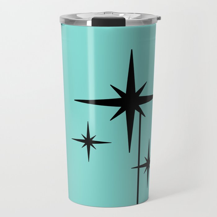 Mid Century Modern Atomic 50s Starburst Trio in Light Medium Robin's Egg Blue and Black Travel Mug Gallery Image 1