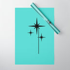 Mid Century Modern Atomic 50s Starburst Trio in Light Medium Robin's Egg Blue and Black Wrapping Paper Gallery Image 1