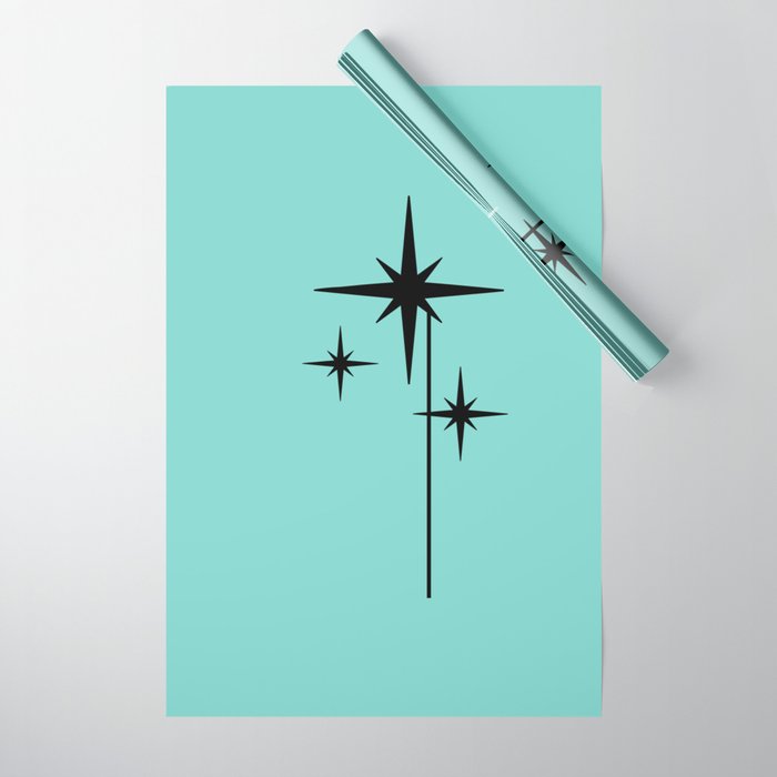 Mid Century Modern Atomic 50s Starburst Trio in Light Medium Robin's Egg Blue and Black Wrapping Paper Gallery Image 1