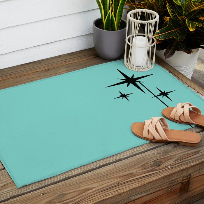 Mid Century Modern Atomic 50s Starburst Trio in Light Medium Robin's Egg Blue and Black Outdoor Rug Gallery Image 2