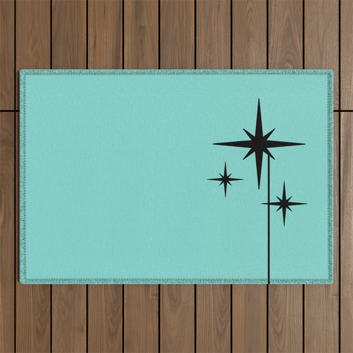 Mid Century Modern Atomic 50s Starburst Trio in Light Medium Robin's Egg Blue and Black Outdoor Rug Gallery Image 1