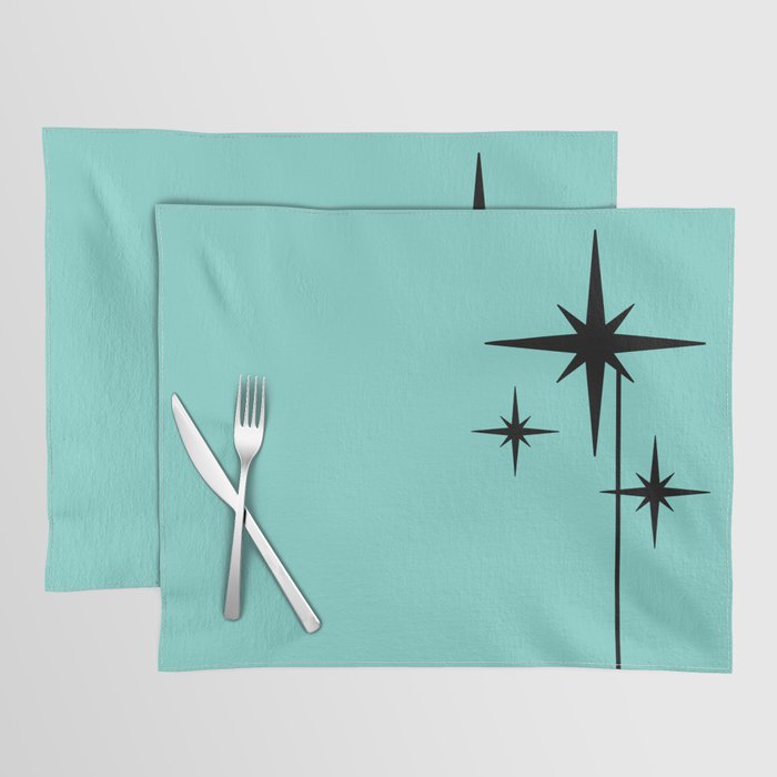Mid Century Modern Atomic 50s Starburst Trio in Light Medium Robin's Egg Blue and Black Placemat Gallery Image 1