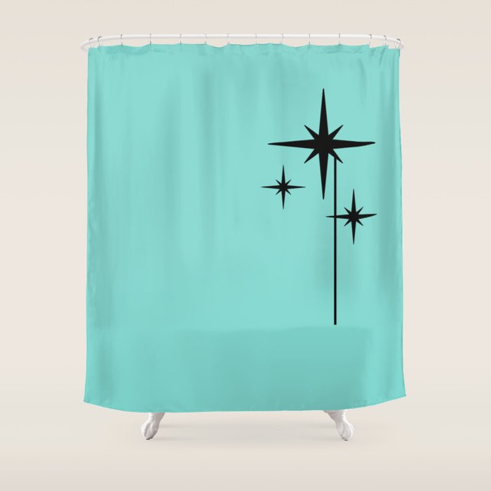 Mid Century Modern Atomic 50s Starburst Trio in Light Medium Robin's Egg Blue and Black Shower Curtain Gallery Image 1