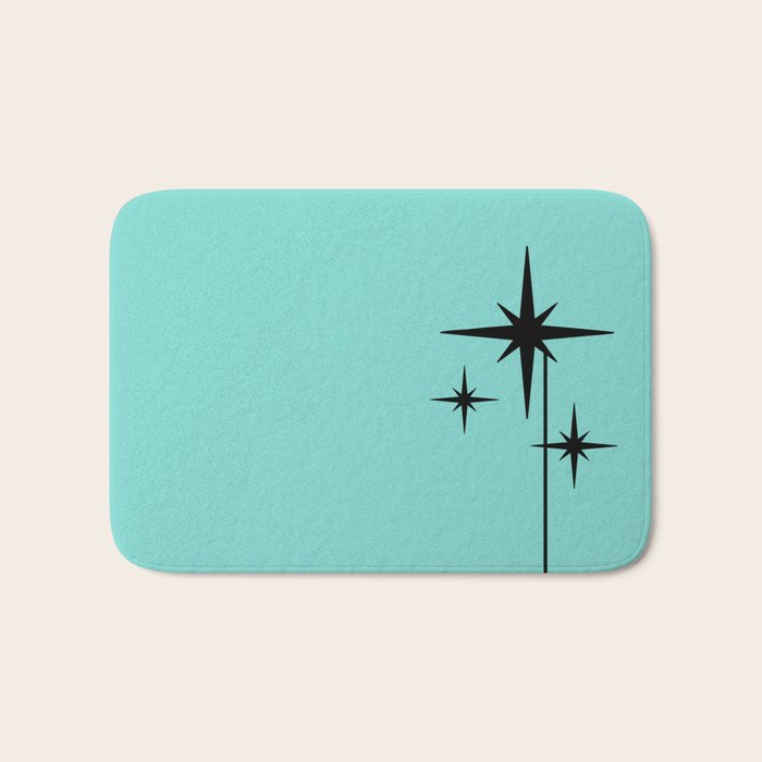 Mid Century Modern Atomic 50s Starburst Trio in Light Medium Robin's Egg Blue and Black Bath Mat Gallery Image 1