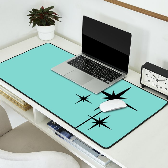 Mid Century Modern Atomic 50s Starburst Trio in Light Medium Robin's Egg Blue and Black Desk Mat Gallery Image 2