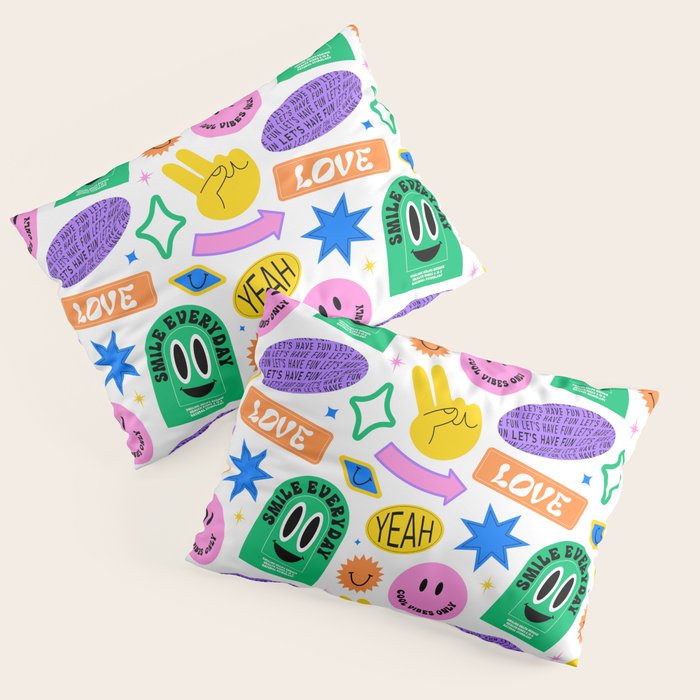 Retro funny sticker label cartoon pattern Pillow Sham Gallery Image 3