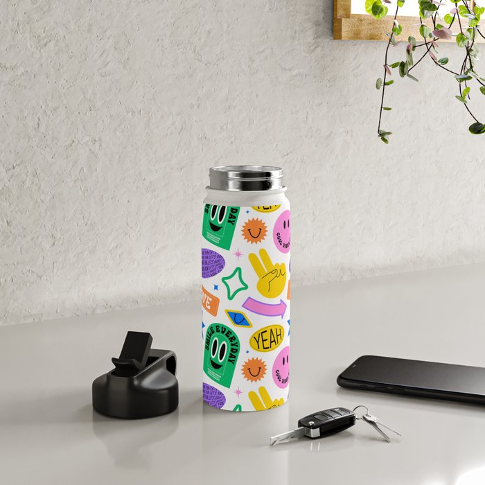 Retro funny sticker label cartoon pattern Water Bottle Gallery Image 4
