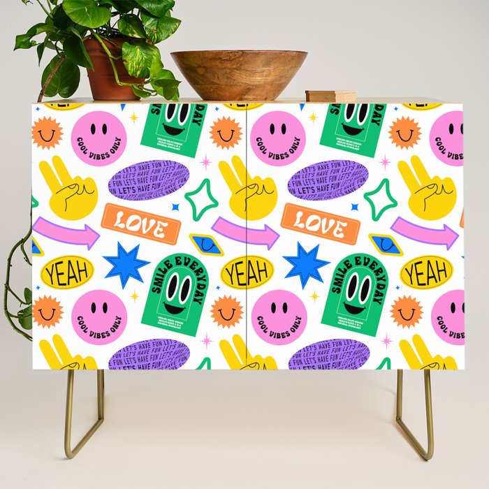 Retro funny sticker label cartoon pattern Credenza Gallery Image 1