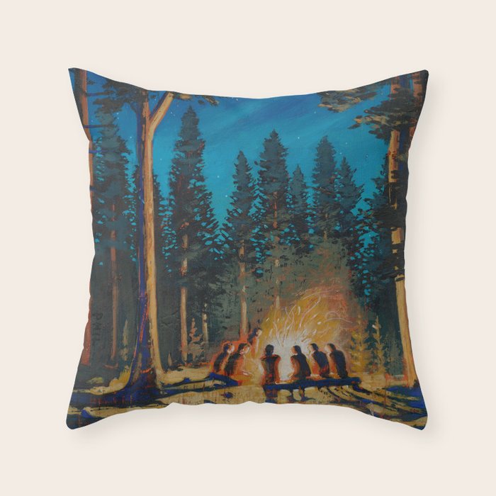 campfire gathering Throw Pillow Gallery Image 1