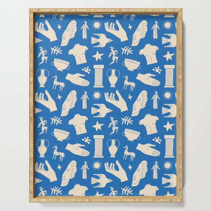 Ancient blue greek statue doodle pattern Serving Tray Gallery Image 1