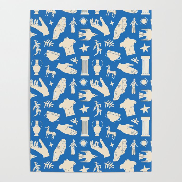 Ancient blue greek statue doodle pattern Poster Gallery Image 4