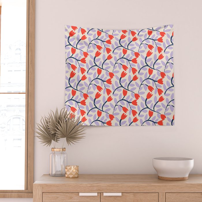 Simple Floral - Very Peri, Red, Blue Wall Tapestry Gallery Image 2