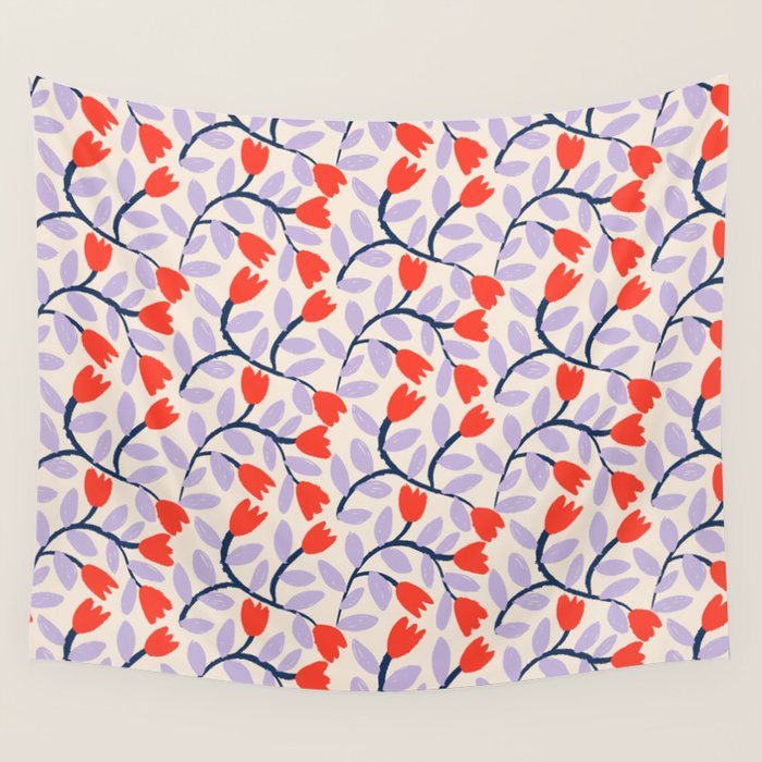Simple Floral - Very Peri, Red, Blue Wall Tapestry Gallery Image 1
