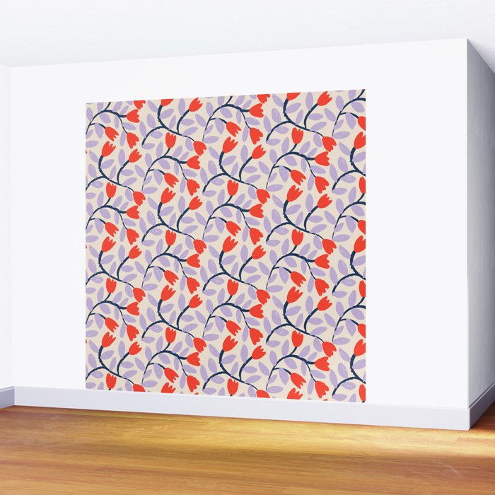 Simple Floral - Very Peri, Red, Blue Wall Mural Gallery Image 2