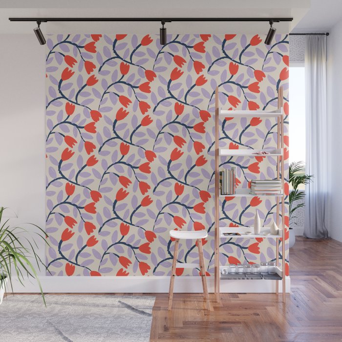 Simple Floral - Very Peri, Red, Blue Wall Mural Gallery Image 1