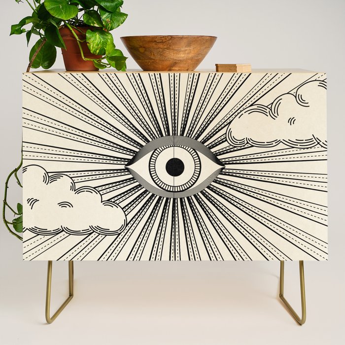 Radiant eye minimal sky scene with clouds - black lines on neutral Credenza Gallery Image 1